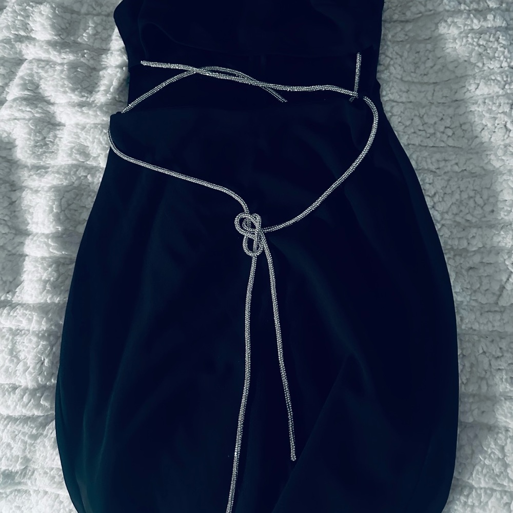 Black Strapless Dress with Cutout and Crystal Rope Detail